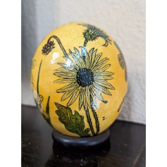 Painted Ostrich Egg Flowers Large Handmade Artist Made Yellow Botanical Print - Picture 4 of 8